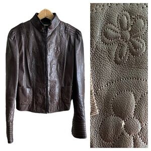 Elie Tahari Brown Floral Embroidered Embellished Leather Moto Jacket